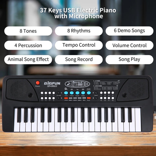BIGFUN 37 Keys Electronic Keyboard Piano with Microphone & USB – Kids Musical Keyboard Black