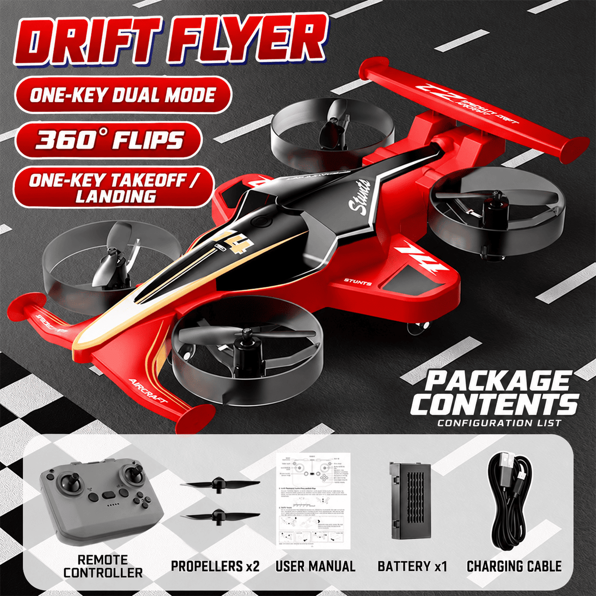 RC Flying Car Aircraft for Kids Remote Control Drift Flyer with 360° Stunts