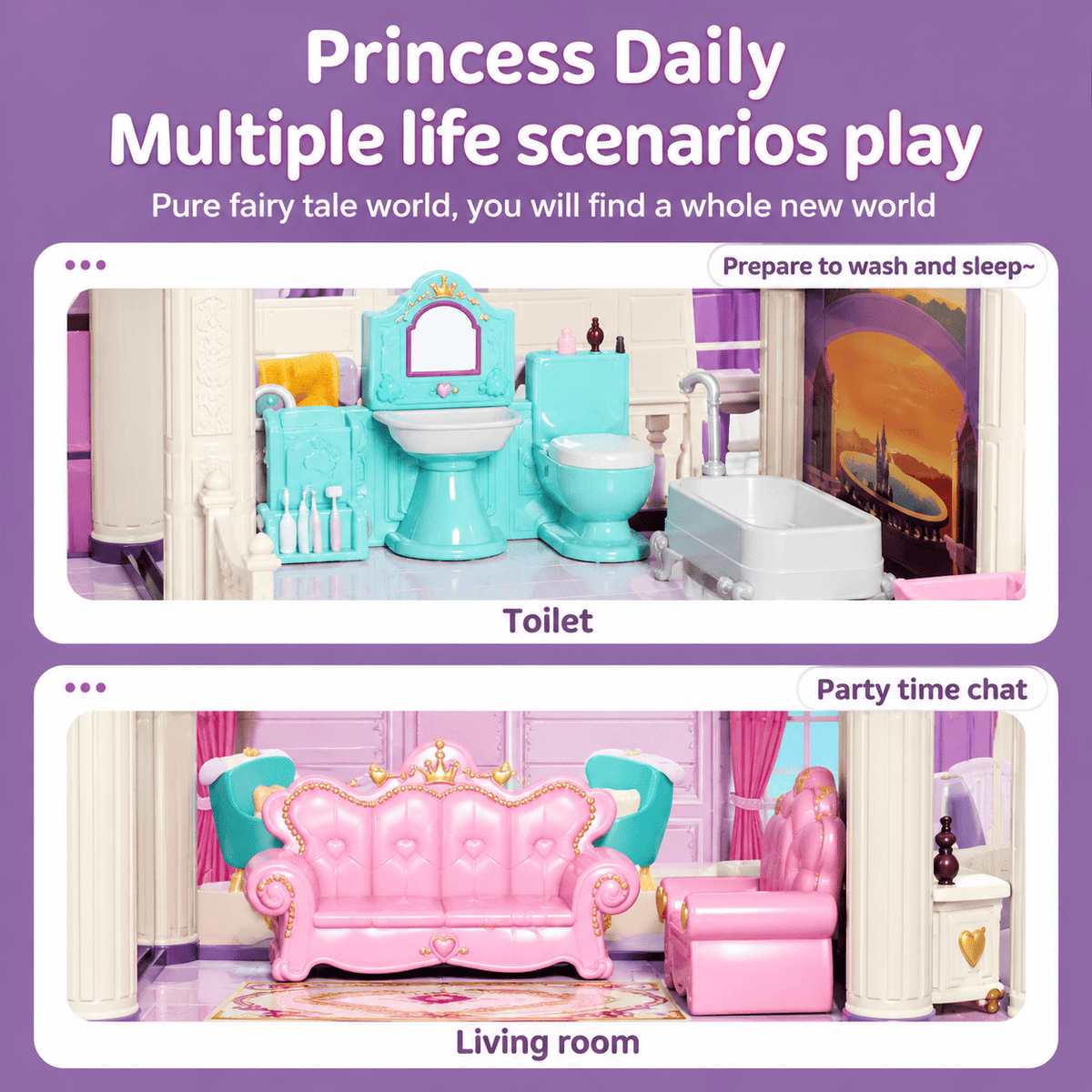 3-Room Princess Doll House Villa Playset with Furniture & Accessories for Girls