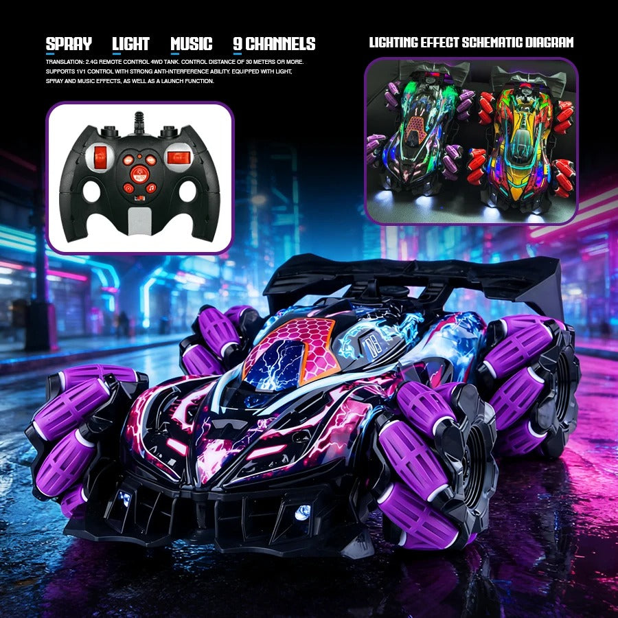 4WD RC Stunt Car with Spray, Mecanum Wheels, LED Lights & Sound – 2.4GHz Remote Control Drift Car for Kids