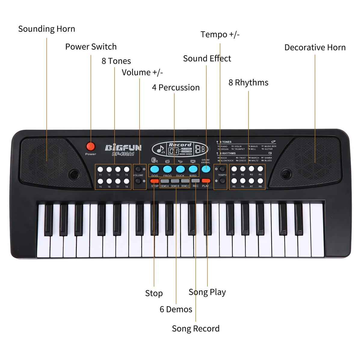 BIGFUN 37 Keys Electronic Keyboard Piano with Microphone & USB – Kids Musical Keyboard Black
