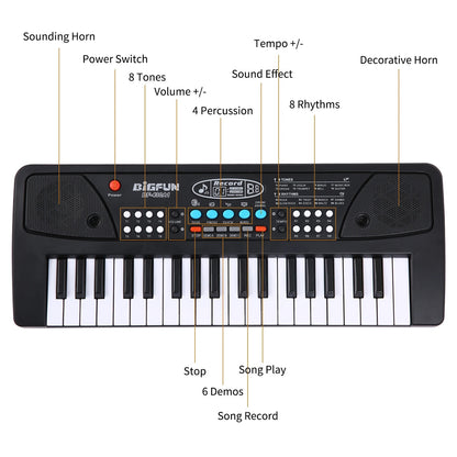 BIGFUN 37 Keys Electronic Keyboard Piano with Microphone & USB – Kids Musical Keyboard Black