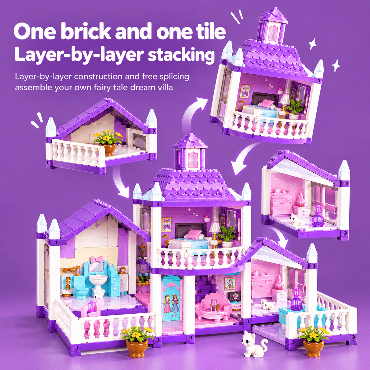 3-Room Princess Doll House Villa Playset with Furniture & Accessories for Girls
