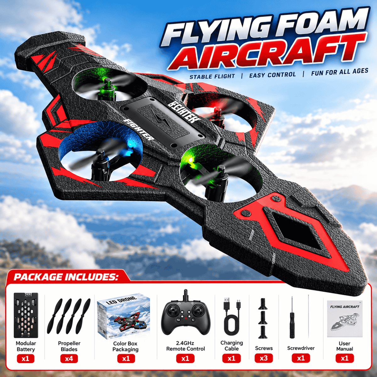 Sword Style RC Flying Foam Aircraft Drone with LED Lights & 2.4GHz Remote Control