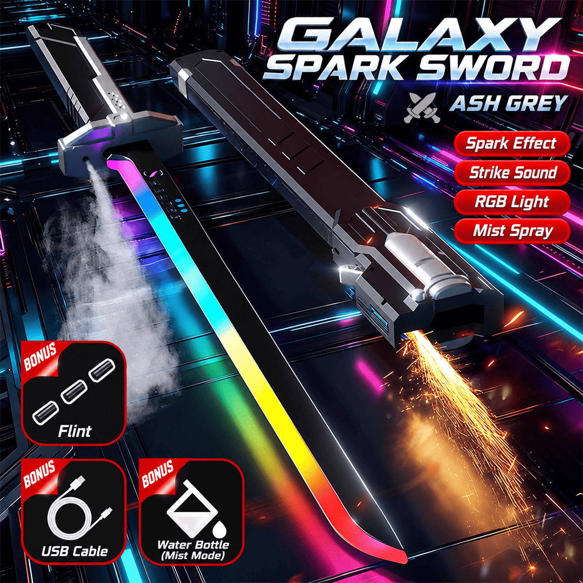 Galaxy Spark Battle Sword Toy with RGB Lights, Sound, Mist & Spark Effects