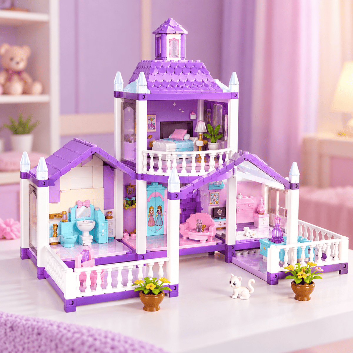 3-Room Princess Doll House Villa Playset with Furniture & Accessories for Girls