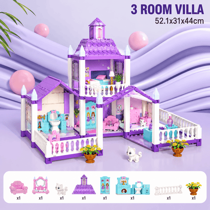 3-Room Princess Doll House Villa Playset with Furniture & Accessories for Girls